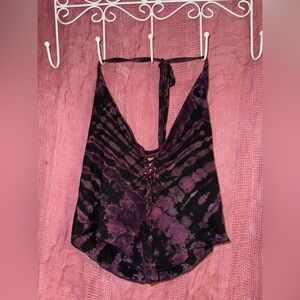 Open Back Black Purple Tie-Dye Slit Weave Halter Plush Hippie Boho Top